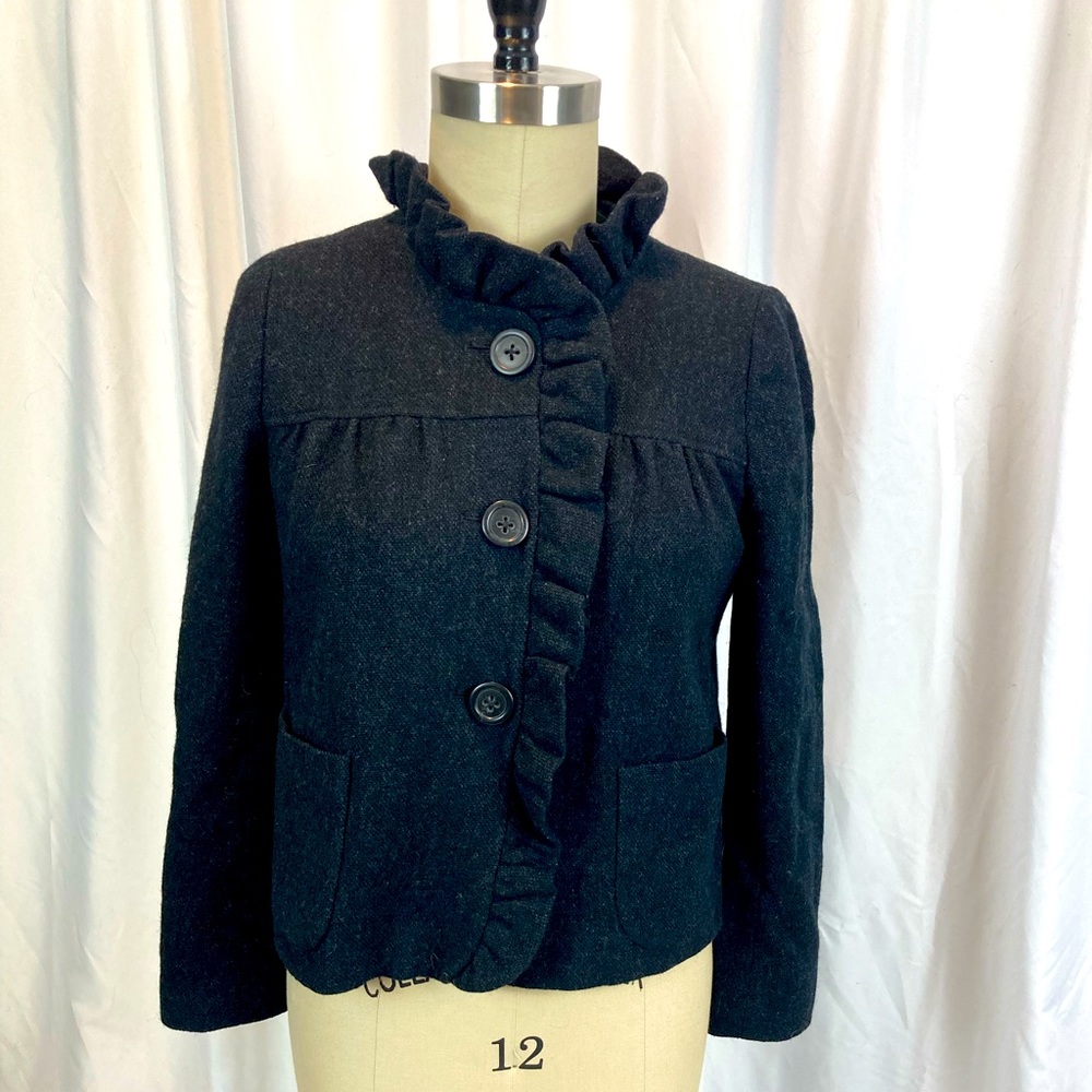 JCrew charcoal gray wool high neck coat ruffles
